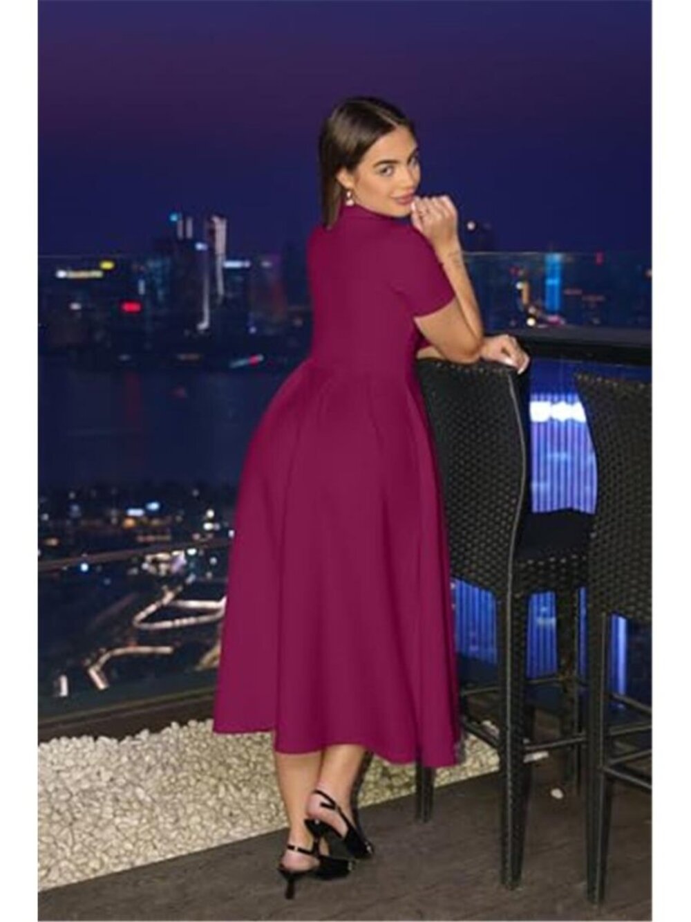 Women's Elegant Casual Short Sleeve A-Line Dress with Pockets - Picture 3 of 5